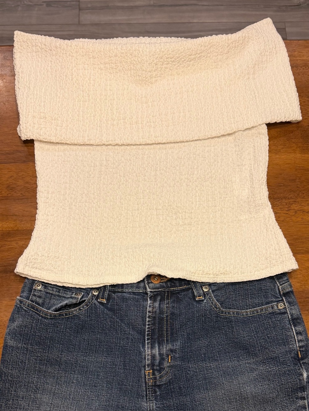H&M Cream Off-the-Shoulder Fold-Over Knit Top